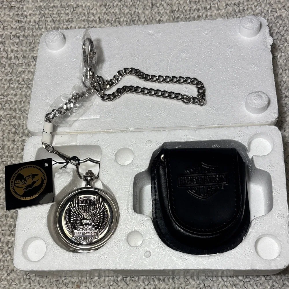 Harley Davidson Pocket Watch - Franklin Mint With Leather Case And Chain
